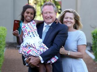 Andrew Forrest with his wife Nicola and his goddaughter Violet Bodney. Credit: Sharon Smith
