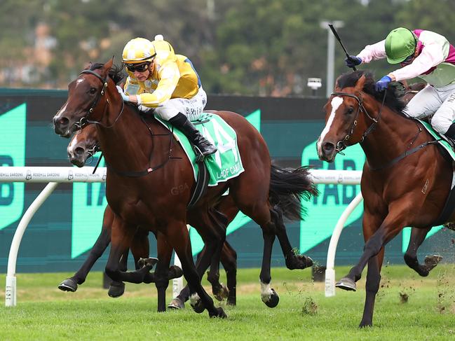 SYDNEY, AUSTRALIA - MARCH 23: Blake Shinn riding  Lady Of Camelot wins Race 8 Golden Slipper during the Golden Slipper Day - Sydney Racing at Rosehill Gardens on March 23, 2024 in Sydney, Australia. (Photo by Jeremy Ng/Getty Images)