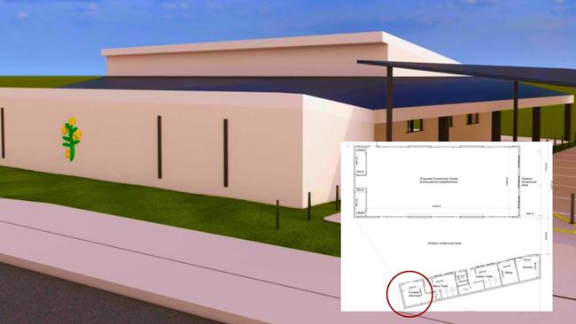 An artist impression of the outside of the proposed community centre building to be built at Estramina Rd, Regents park with the red circle showing the location of the proposed funeral parlour.