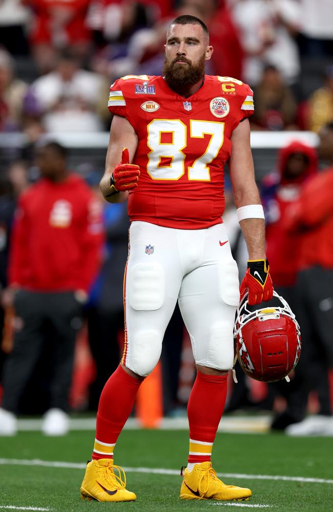 Travis Kelce, of the Kansas City Chiefs, looks on during warm ups prior to Super Bowl LVIII at Allegiant Stadium. Picture: Getty Images