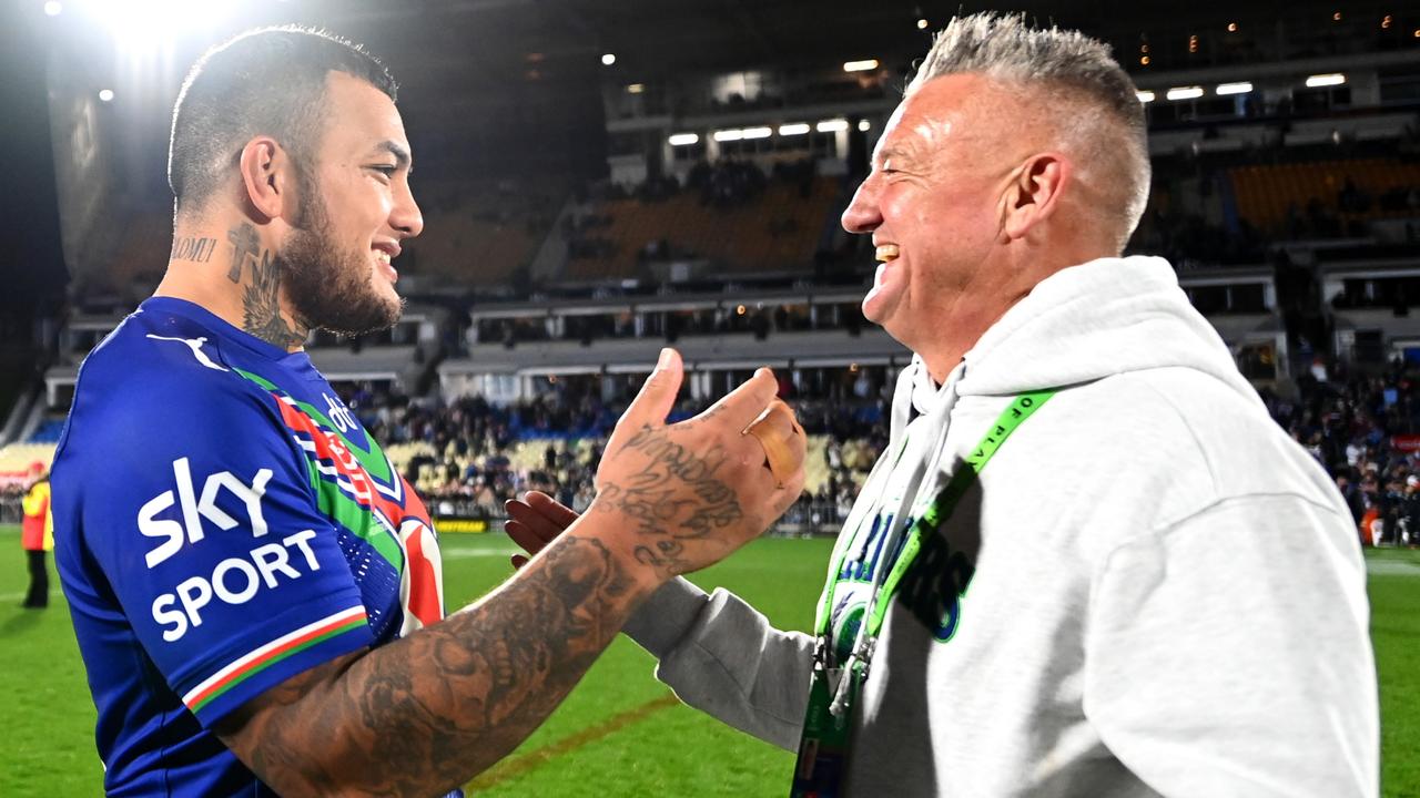 Addin Fonua-Blake celebrates a Warriors win with Mark Robinson. Picture: Getty Images