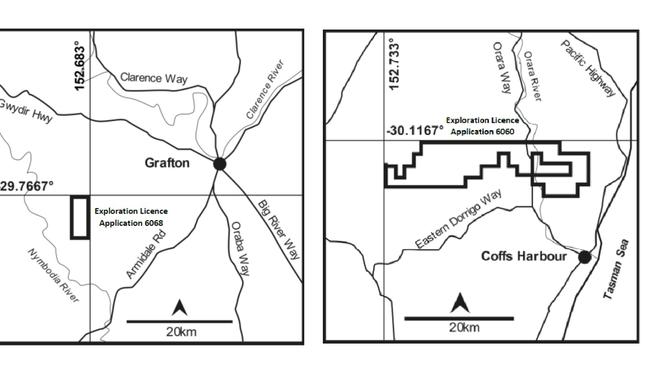 Two exploration licence applications have been submitted by Christopher Wilson Investments for mining in the Coffs/Clarence region. One is north west of Coffs Harbour on either side of the Orara Way and River, the other is south east of Grafton close to the Nymboida river.