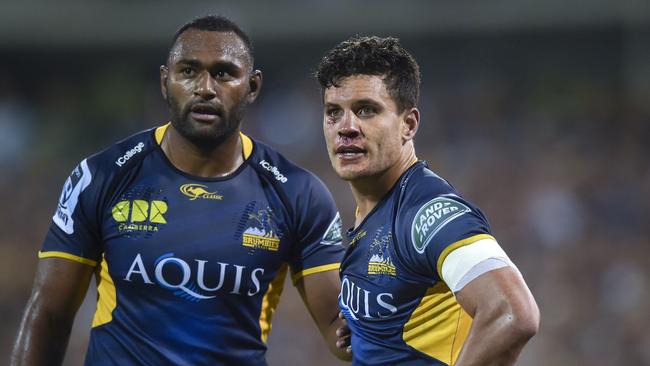 Matt Toomua of the Brumbies (right) reacts after a scuffle during the Round 2 Super Rugby match between the Brumbies and the Waratahs at GIO Stadium in Canberra, Friday, March 4, 2016. (AAP Image/Lukas Coch) NO ARCHIVING, EDITORIAL USE ONLY