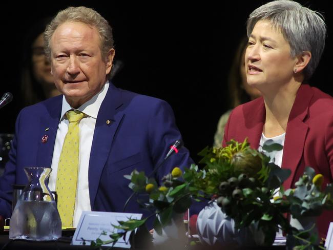 ADELAIDE, AUSTRALIA - NewsWire Photos 10, 2023:  Business co-chair Dr Andrew Forrest and the Minister for Foreign Affairs, Senator Penny Wong, delivers her opening remarks at the Eighth Bali Process Ministerial Conference, including the Government and Business Forum. Picture: NCA NewsWire / Kelly Barnes