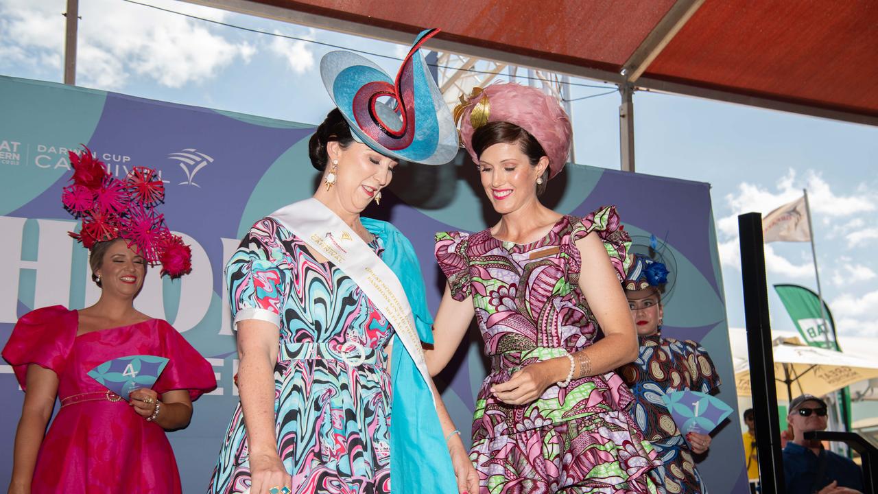 Sally Martin place third and Allison Harvey at the 2024 Darwin Cup Carnival Fashions on Field. Picture: Pema Tamang Pakhrin