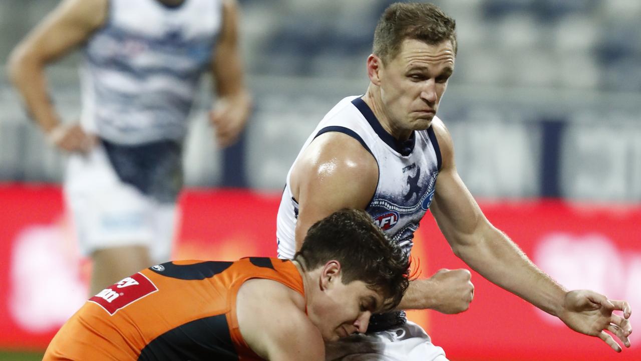 Joel Selwood wasn’t suspended for this bump in 2021; he likely would have been banned under the new rules for 2022. (Photo by Darrian Traynor/Getty Images)