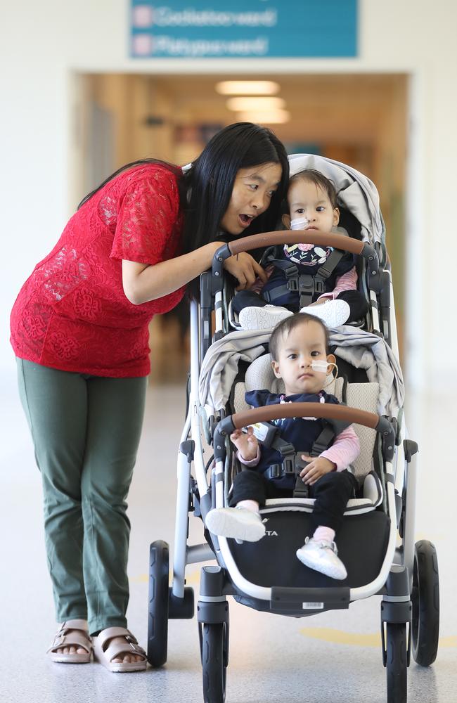 Mum Bhumchu Zangmo leaves the Royal Children's Hospital with twins Nima and Dawa. Picture: Alex Coppel