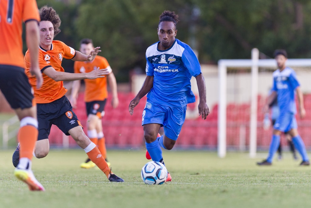 James Egeta for South West Queensland Thunder against Brisbane Roar in NPL Queensland men round two football at Clive Berghofer Stadium, Saturday, February 9, 2019. Picture: Kevin Farmer