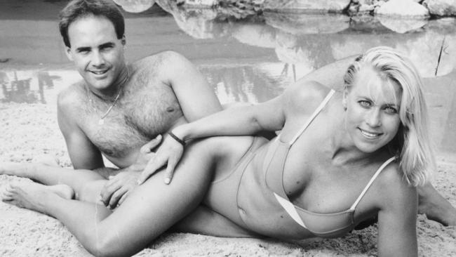 Grant Kenny and Lisa Curry Kenny modelling swimwear in 1992