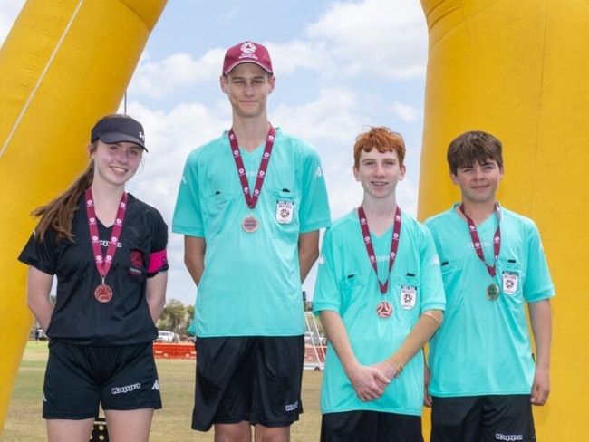 Football Queensland Premier League U14 Referees (Jasmine Whiteaker) - AR1 (Gabriel Richards) - AR2 (Joseph Gallagher) - 4th Official (Caelan Williams). Picture: Football Queensland