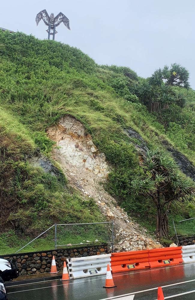 A landslide at Kirra Hill Coolangatta has caused a lane of traffic to be blocked when debris crashed through fencing and onto the road way. NCA NewsWire / Scott Powick