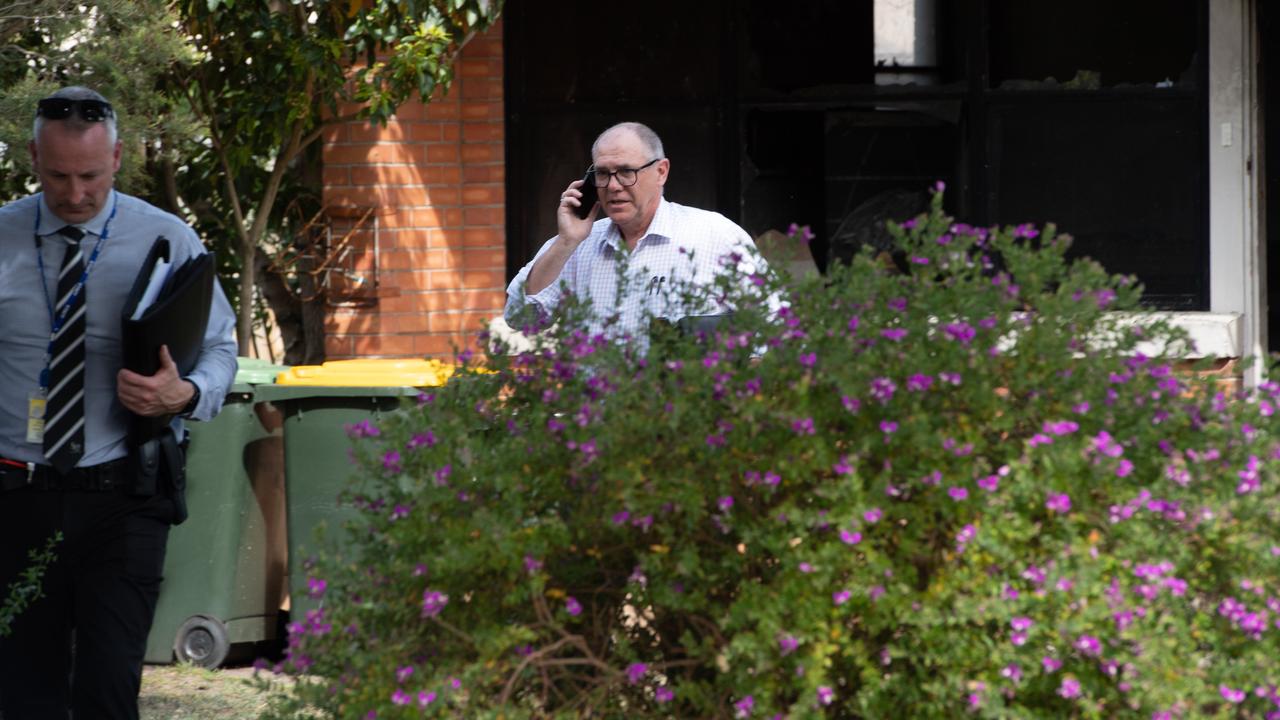 Geelong CIU Detective Senior Sergeant Mark Guthrie leaves the scene of the fire on Vermont Ave, Corio. Picture: Brad Fleet