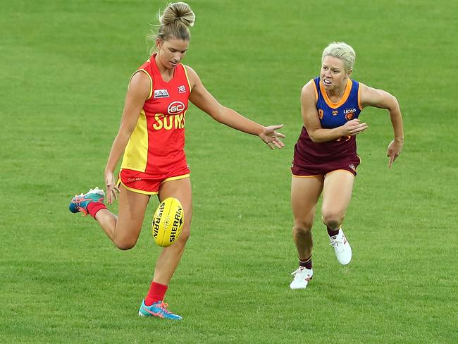 Paige Parker of the Suns kicks during the AFLW Winter Series match between the Gold Coast Suns and the Brisbane Lions at Metricon Stadium on July 14, 2018 in Gold Coast, Australia. Picture: Chris Hyde, Getty Images.