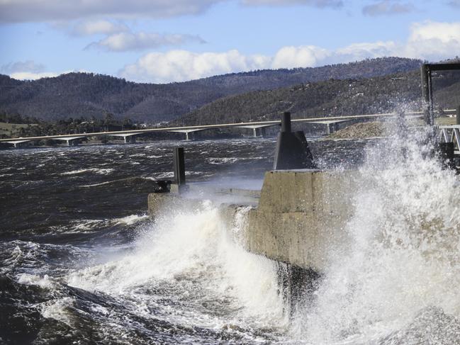 Wild weather in Hobart. Wind lashes the Montrose Bay foreshore. Picture: Kelvin Ball