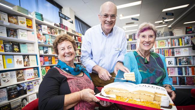 Fullers owner Clive Tilsley (centre) with Margaret Coxall (left) and Jenny Smith, granddaughters of Bill Fuller who opened the first Fullers bookstore 100 years ago. Picture: LUKE BOWDEN