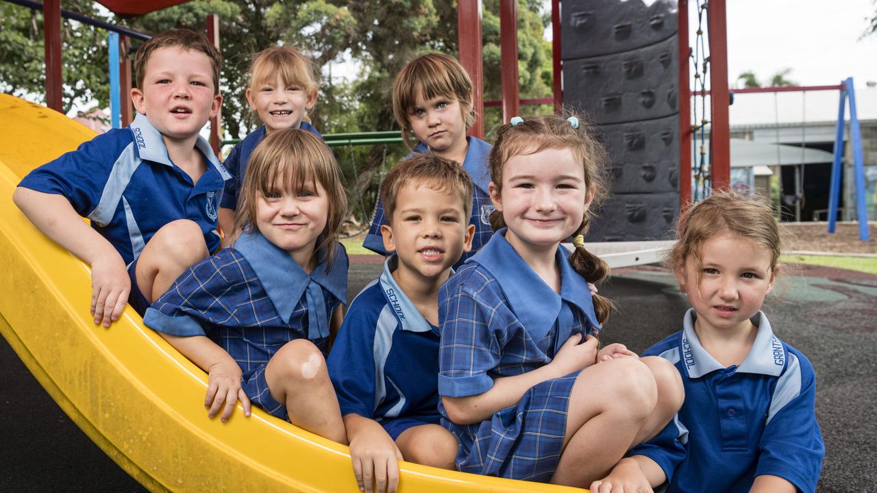 MY FIRST YEAR 2024: Grantham State School Prep students (from left) Bryce, Evie (front), Lilly, Elijah, Kaiann, Aurelia and Brooklyn, Wednesday, February 14, 2024. Picture: Kevin Farmer