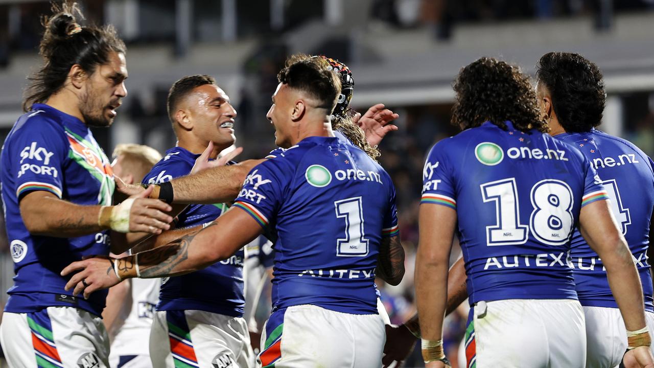 Warriors players celebrate a try to Josh Curran against the Cowboys at Mt Smart Stadium. Picture: Getty Images