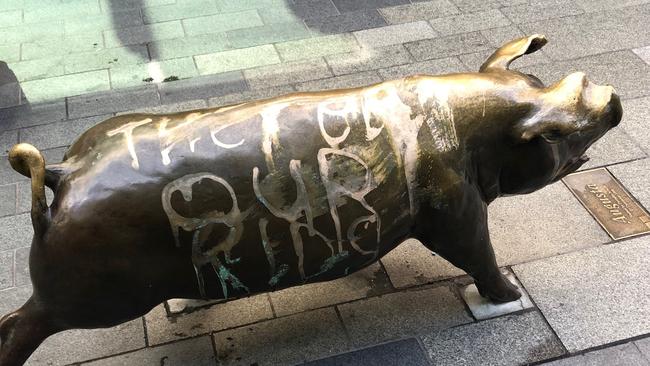 The pigs in Rundle Mall were vandalised late last month. Picture: Supplied