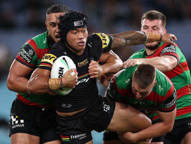 SYDNEY, AUSTRALIA - MAY 02:  Brian To'o of the Panthers is tackled during the round nine NRL match between South Sydney Rabbitohs and Penrith Panthers at Accor Stadium on May 02, 2024, in Sydney, Australia. (Photo by Cameron Spencer/Getty Images)