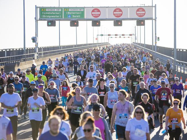 Run the Bridge Fun Run 2020 across Tasman Bridge. Picture: RICHARD JUPE