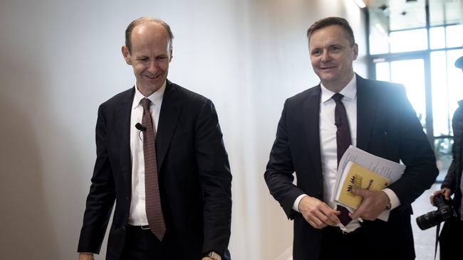 Happier days: ANZ's chief Shayne Elliott and with Suncorp's CEO Steve Johnston when they announced the banking merger deal in July last year. Picture: Arsineh Houspian