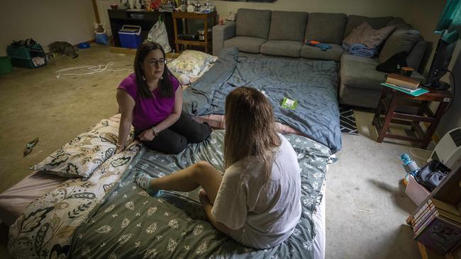 Labor shadow housing minister Ella Haddad with Samantha (not real name) who is living with her children in a shed after fleeing family violence. Picture: Chris Kidd