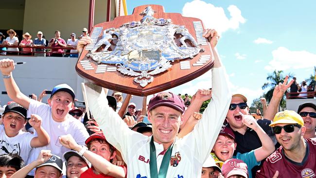 Marnus Labuschagne celebrates with fans after the Sheffield Shield final in April.