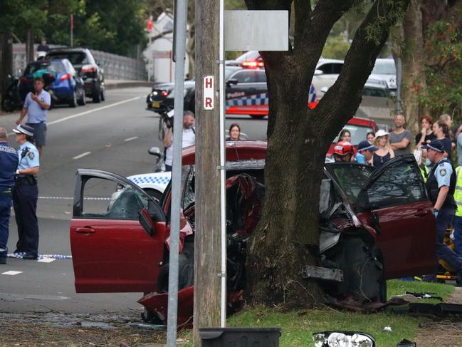 Four teens were taken to hospital after a police chase ended in a fiery smash in Cammeray. Picture: OnScene Bondi