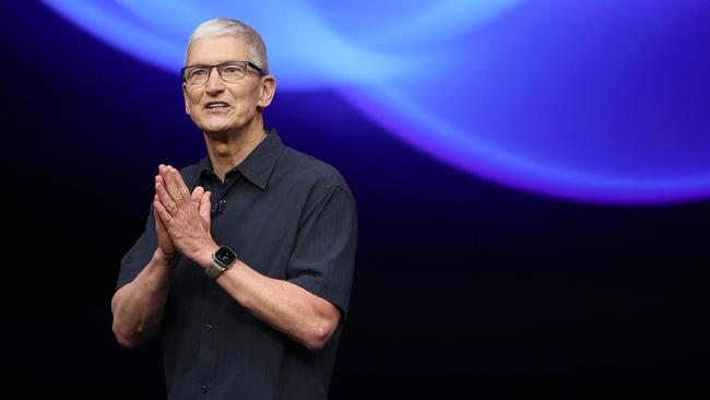 Apple CEO Tim Cook delivers remarks before the start of an Apple event at Apple headquarters in Cupertino, California.