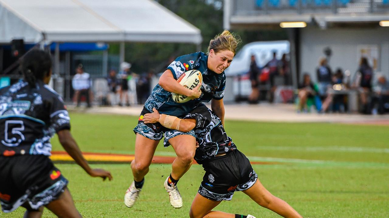 Shae Muhleisen is tackled playing for the Territory All Stars in the 2023 Deadly Cup Carnival. Picture: Pema Tamang Pakhrin