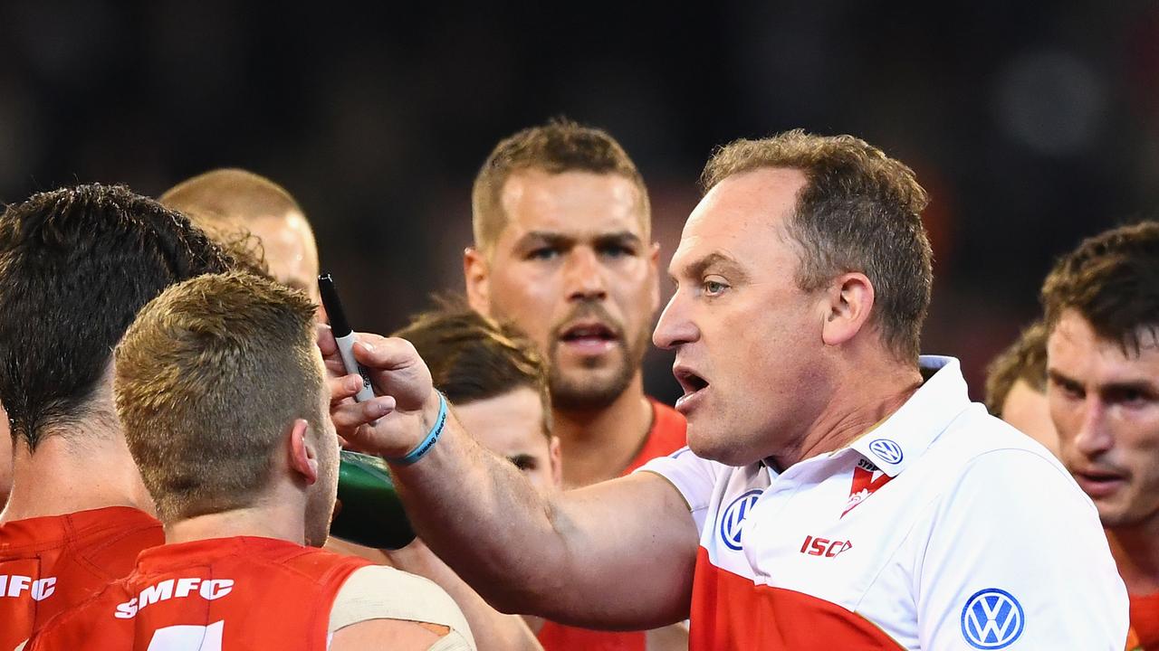 Sydney coach John Longmire talks to his players at the MCG.