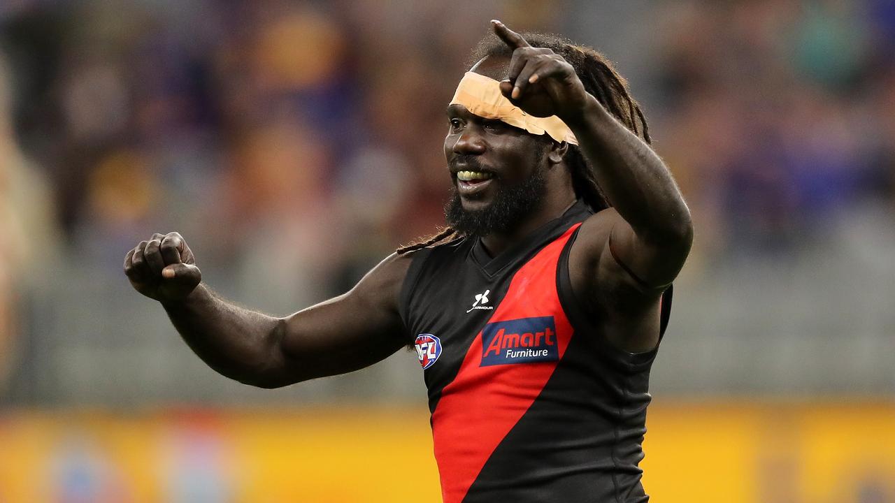 Anthony McDonald-Tipungwuti of the Bombers celebrates after scoring a goal. Picture: Will Russell