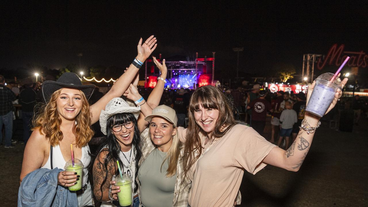 At Meatstock are (from left) Georgie Lyons, Jordiee McCutcheon, Aleeda Laskey, Jade Hogan at Toowoomba Showgrounds, Saturday, March 9, 2024. Picture: Kevin Farmer