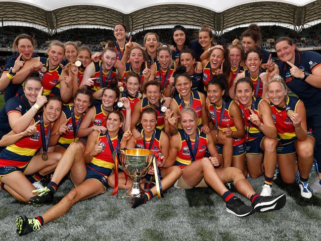 The Crows celebrate their stunning 2019 premiership at Adelaide Oval. Picture: MICHAEL WILLSON/AFL PHOTOS