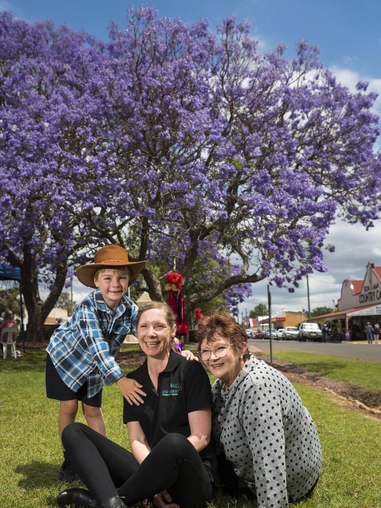 Freddie Day with his mum Emily Day and grandma Jenny Day at Jacaranda Day in Goombungee, Saturday, November 6, 2021. Picture: Kevin Farmer