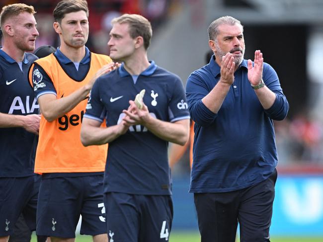 Ange Postecoglou (right) thanks Tottenham fans after the 2-2 draw with Brentford. Picture: Justin Tallis / AFP