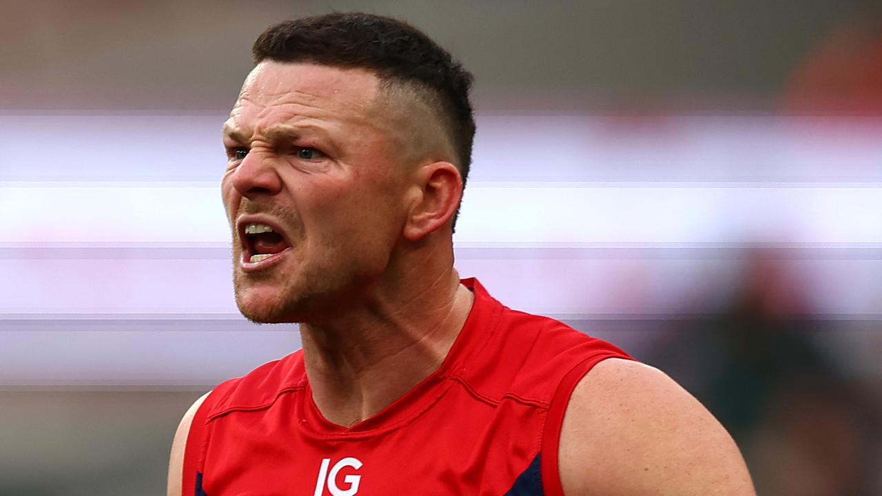 MELBOURNE, AUSTRALIA - JULY 23: Steven May of the Demons gives instructions during the round 19 AFL match between Melbourne Demons and Adelaide Crows at Melbourne Cricket Ground on July 23, 2023 in Melbourne, Australia. (Photo by Graham Denholm/AFL Photos via Getty Images)