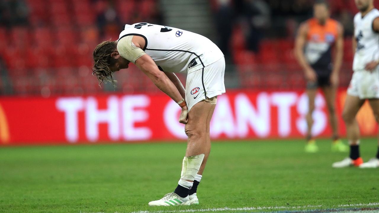 Carlton's Dale Thomas on the final siren on Sunday night.