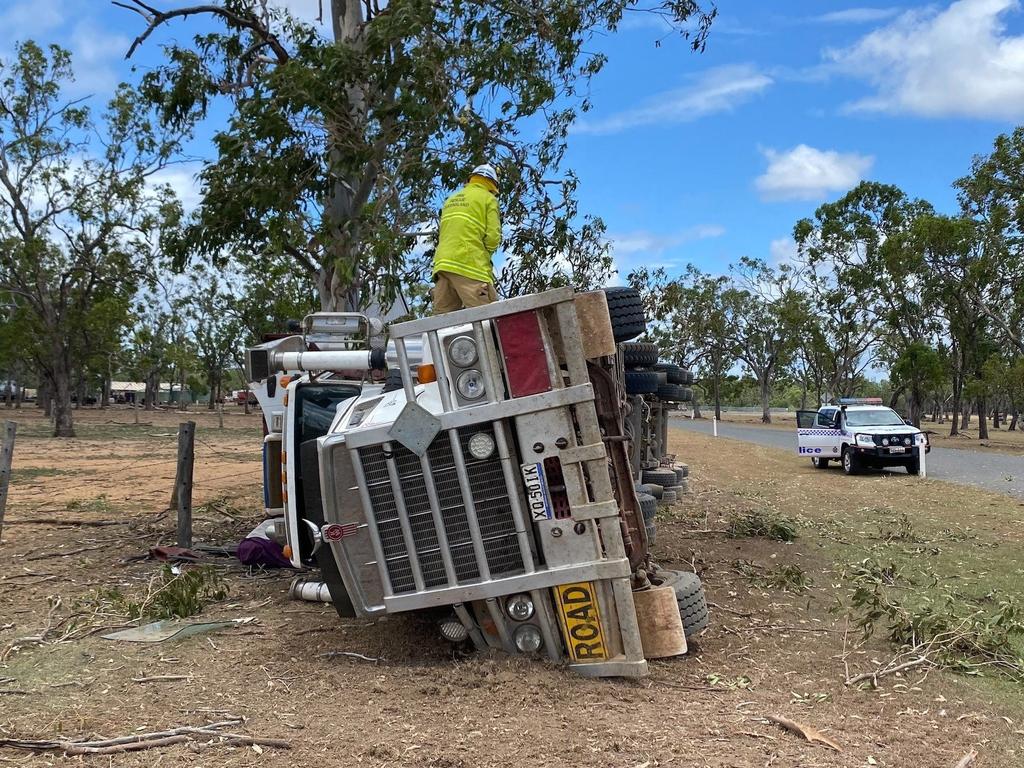 A road train carrying more than 100 cattle crashed on Turrawulla Rd near Hail Creek on January 20, 2022. The Nebo driver has been charged with drug-driving, possession of a drug utensil and driving without due care and attention.