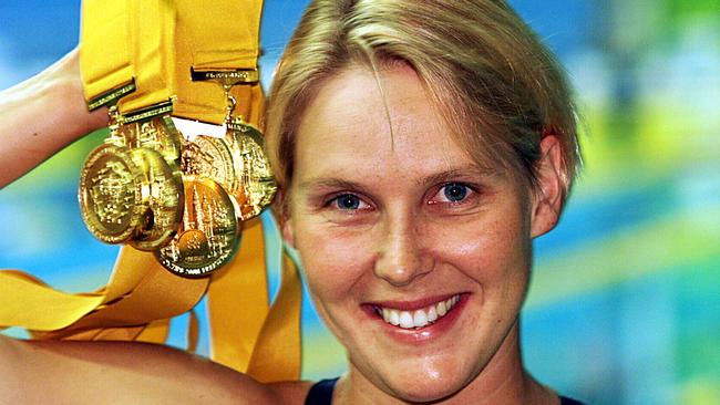 Susie O’Neill with the six gold medals she won at the 1998 Commonwealth Games in Kuala Lumpur.