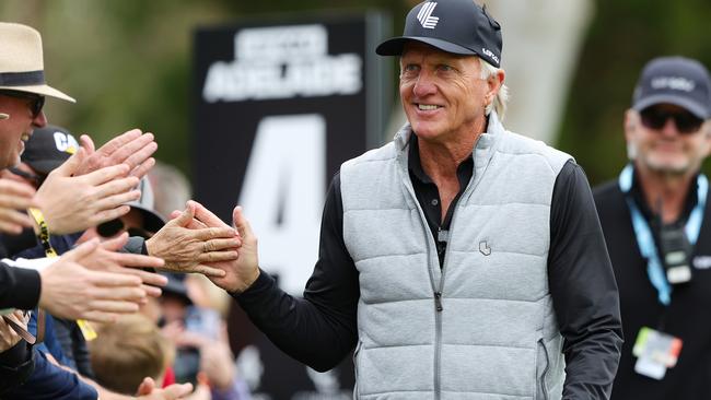 ADELAIDE, AUSTRALIA - APRIL 26: Greg Norman greets fans on the 4th tee during LIV Adelaide at The Grange Golf Club on April 26, 2024 in Adelaide, Australia. (Photo by Sarah Reed/Getty Images)