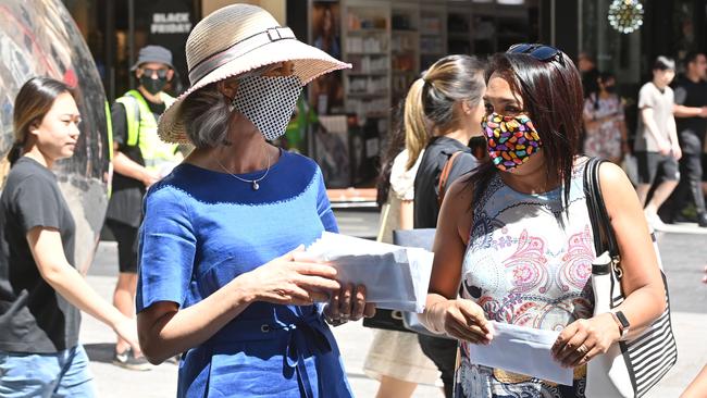 SA Chief public health officer Professor Nicola Spurrier handing out masks in Rundle Mall. Picture: Keryn Stevens