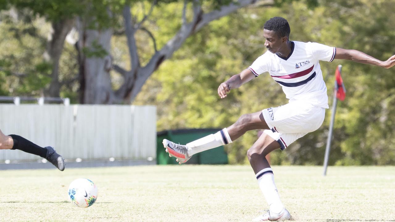 GPS First XI Football. St Joseph's . Gregory Terrace vs The Southport School. TSS #7 Koat Matsuda kicks for goal. 5 September, 2020. Picture: Renae Droop