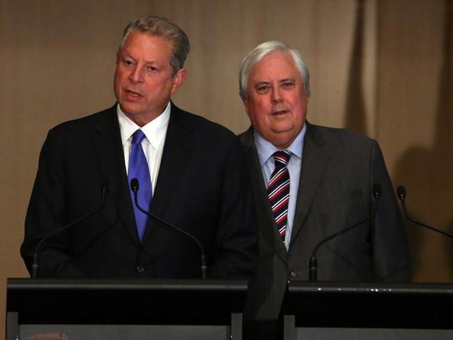 Strange bedfellows ... Clive Palmer and former United States vice-president Al Gore at their press conference at Parliament House in Canberra.