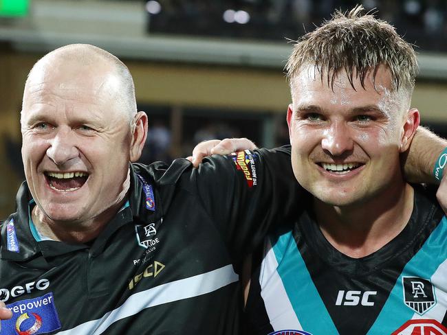 AFL FINALS - Thursday, 1st October, 2020, First Qualifying Final. Port Adelaide v Geelong Cats at the Adelaide Oval. Port Adelaide coach Ken Hinkley with Ollie Wines after the win Picture: Sarah Reed