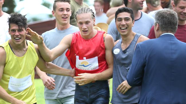 Harrison Hunt, middle, with a look of disbelief after winning the Men's Bay Sheffield Final on Friday. Picture: Dean Martin