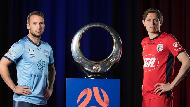 Craig Goodwin of Adelaide United, right, with Adam LeFondre of Sydney FC at the A-League Season Launch on Monday. Picture: Mark Metcalfe/Getty Images