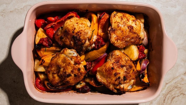 Easy and tasty: Elizabeth Hewson’s chicken and chorizo tray bake. Photo: Nikki To