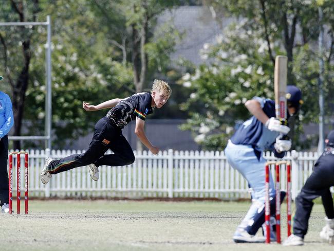 Penrith's Archer Sproule (2/21) gets airborne while bowling against Sutherland at Cook Park. Picture: John Appleyard