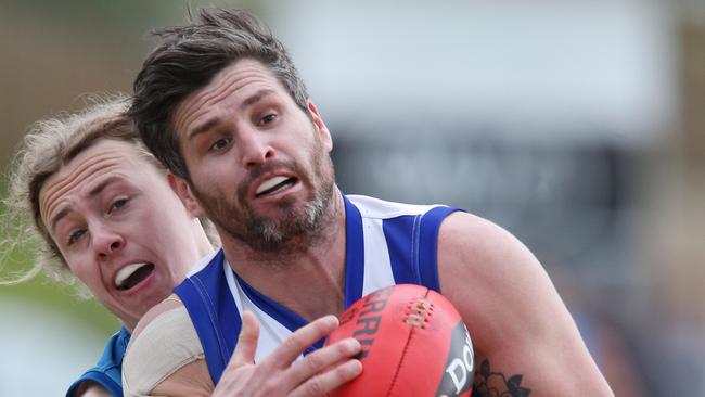 Jordan Erskine hauls in a contested mark for Anglesea. Picture: Mark Wilson.